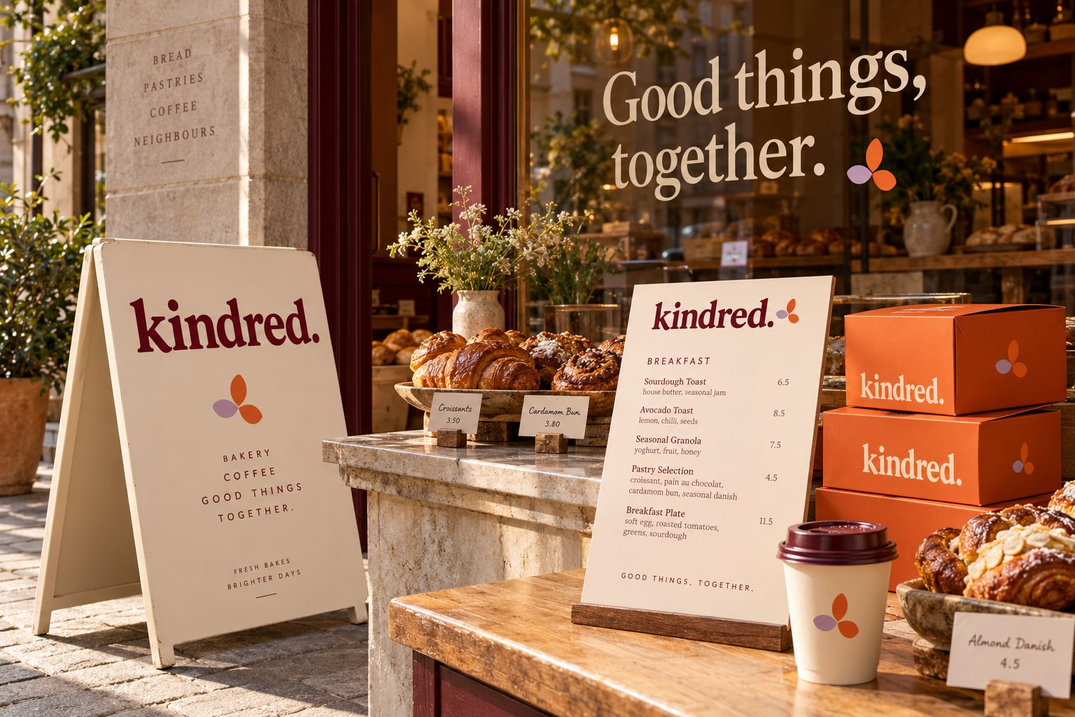 Kindred applied to bakery signage, menu, cups and pastry packaging