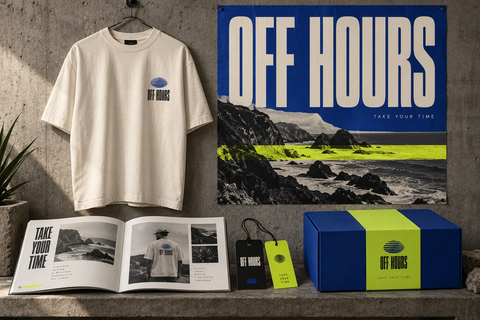 Off Hours applied to apparel, a campaign poster, hang tags and packaging