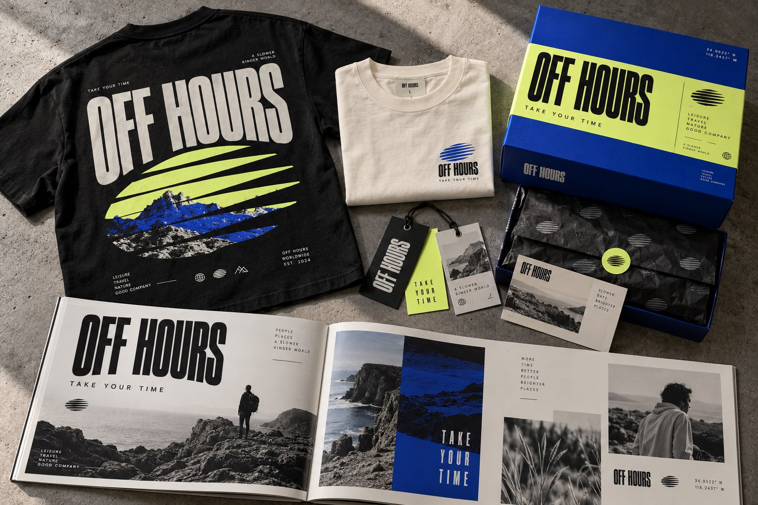 Off Hours concept: apparel & packaging across coordinated printed and physical applications